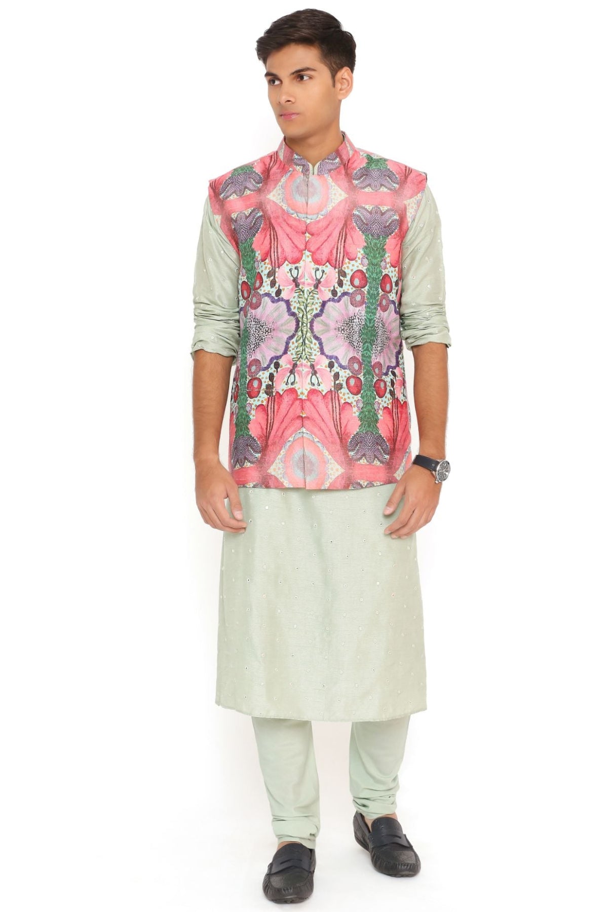 RED ENCHANTED PRINT DUPION SILK BANDI WITH MINT ABLA SILK KURTA AND COTTON SILK CHURIDAR