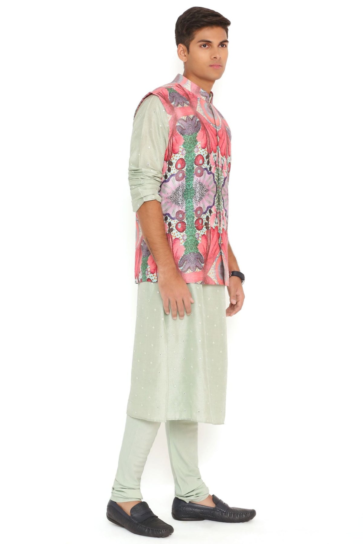 RED ENCHANTED PRINT DUPION SILK BANDI WITH MINT ABLA SILK KURTA AND COTTON SILK CHURIDAR