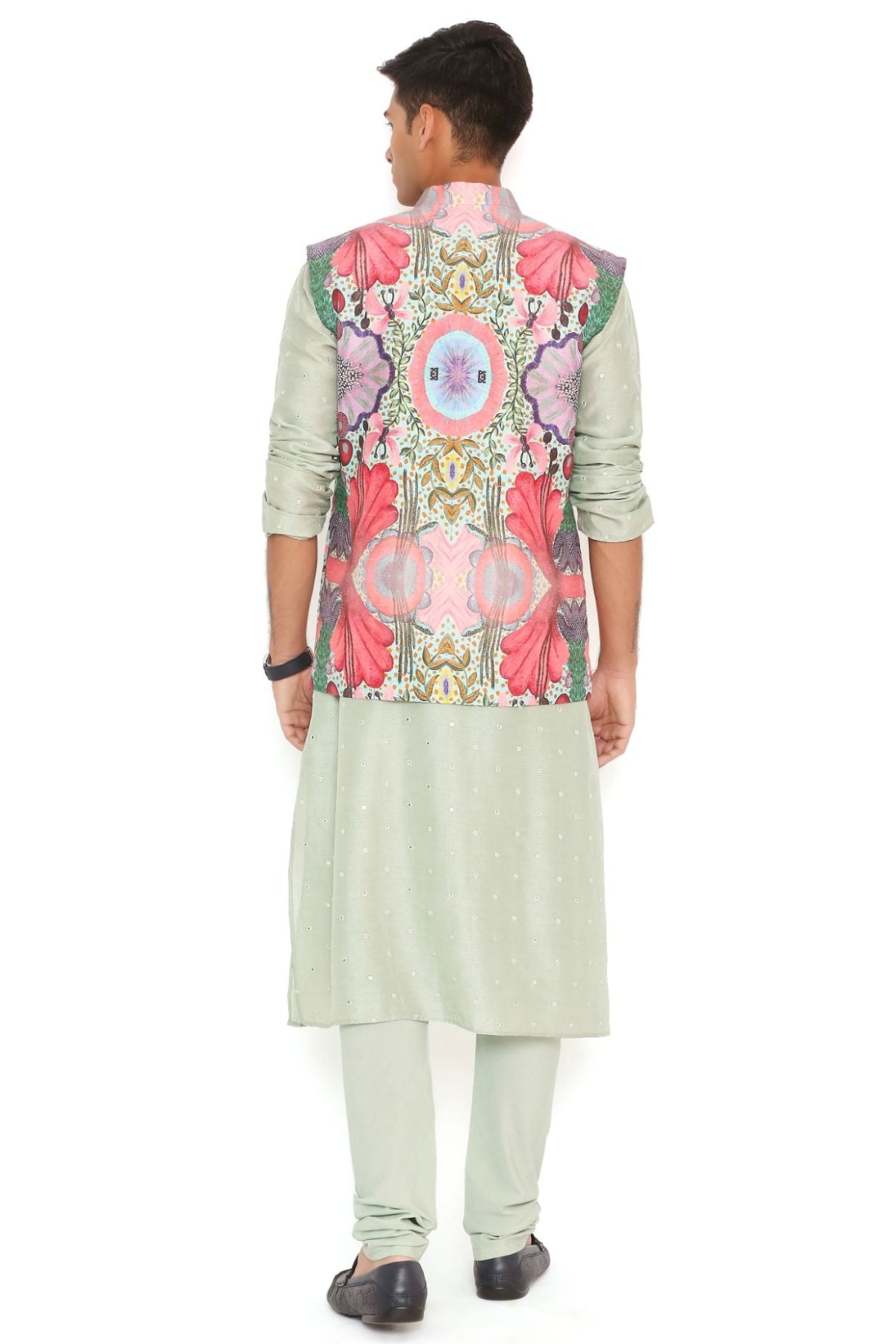 RED ENCHANTED PRINT DUPION SILK BANDI WITH MINT ABLA SILK KURTA AND COTTON SILK CHURIDAR