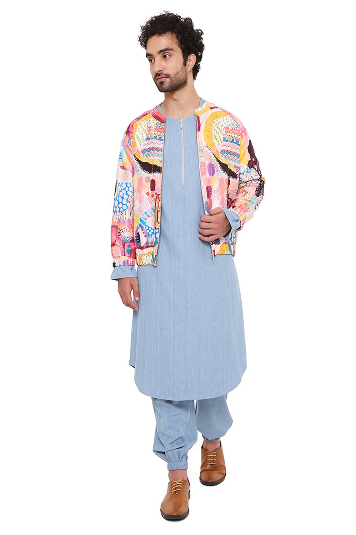 LUPIN TRANCE PRINT DUPION SILK BOMBER JACKET WITH BLUE DENIM KURTA AND JOGGER PANT