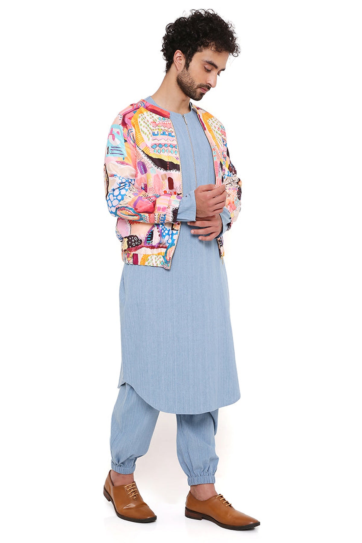 LUPIN TRANCE PRINT DUPION SILK BOMBER JACKET WITH BLUE DENIM KURTA AND JOGGER PANT