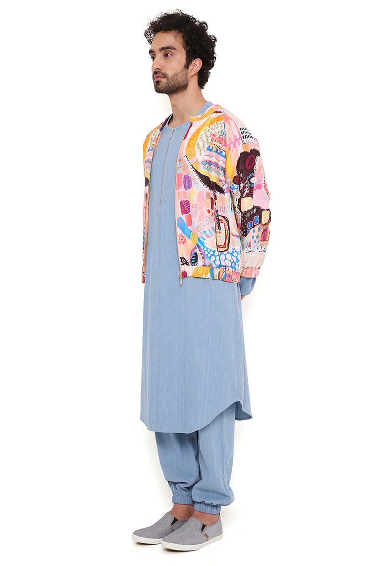 LUPIN TRANCE PRINT DUPION SILK BOMBER JACKET WITH BLUE DENIM KURTA AND JOGGER PANT