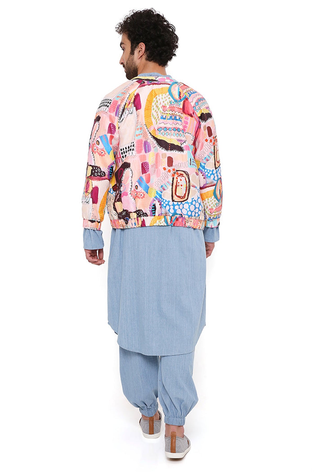 LUPIN TRANCE PRINT DUPION SILK BOMBER JACKET WITH BLUE DENIM KURTA AND JOGGER PANT