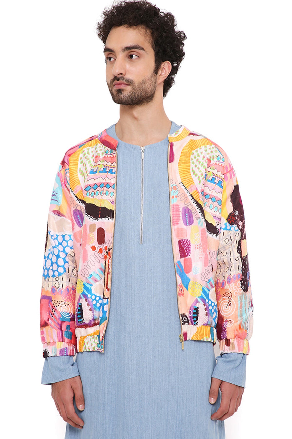 LUPIN TRANCE PRINT DUPION SILK BOMBER JACKET WITH BLUE DENIM KURTA AND JOGGER PANT