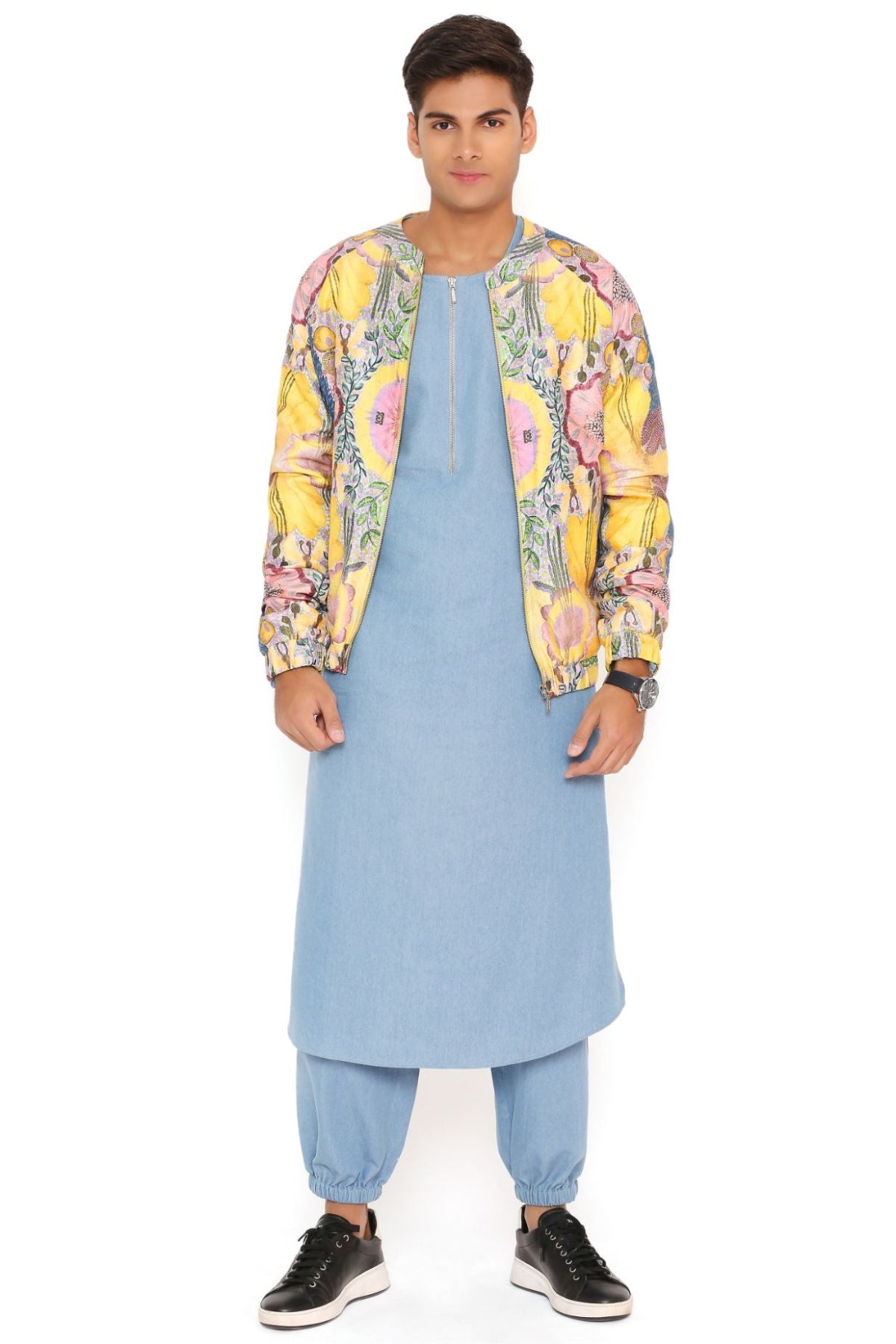YELLOW ENCHANTED PRINT DUPION SILK BOMBER JACKET WITH BLUE DENIM BOMBER KURTA AND JOGGER PANT