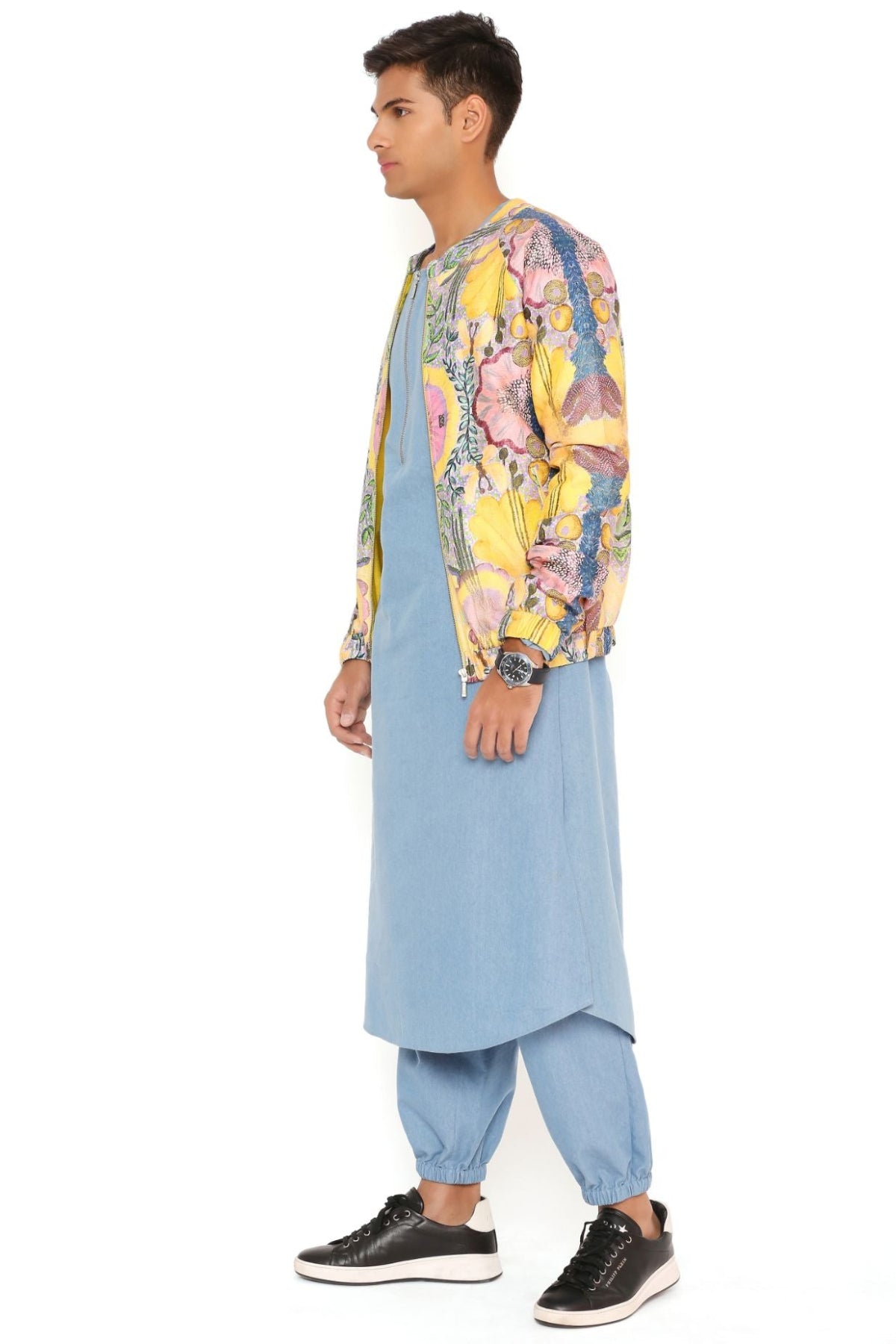 YELLOW ENCHANTED PRINT DUPION SILK BOMBER JACKET WITH BLUE DENIM BOMBER KURTA AND JOGGER PANT
