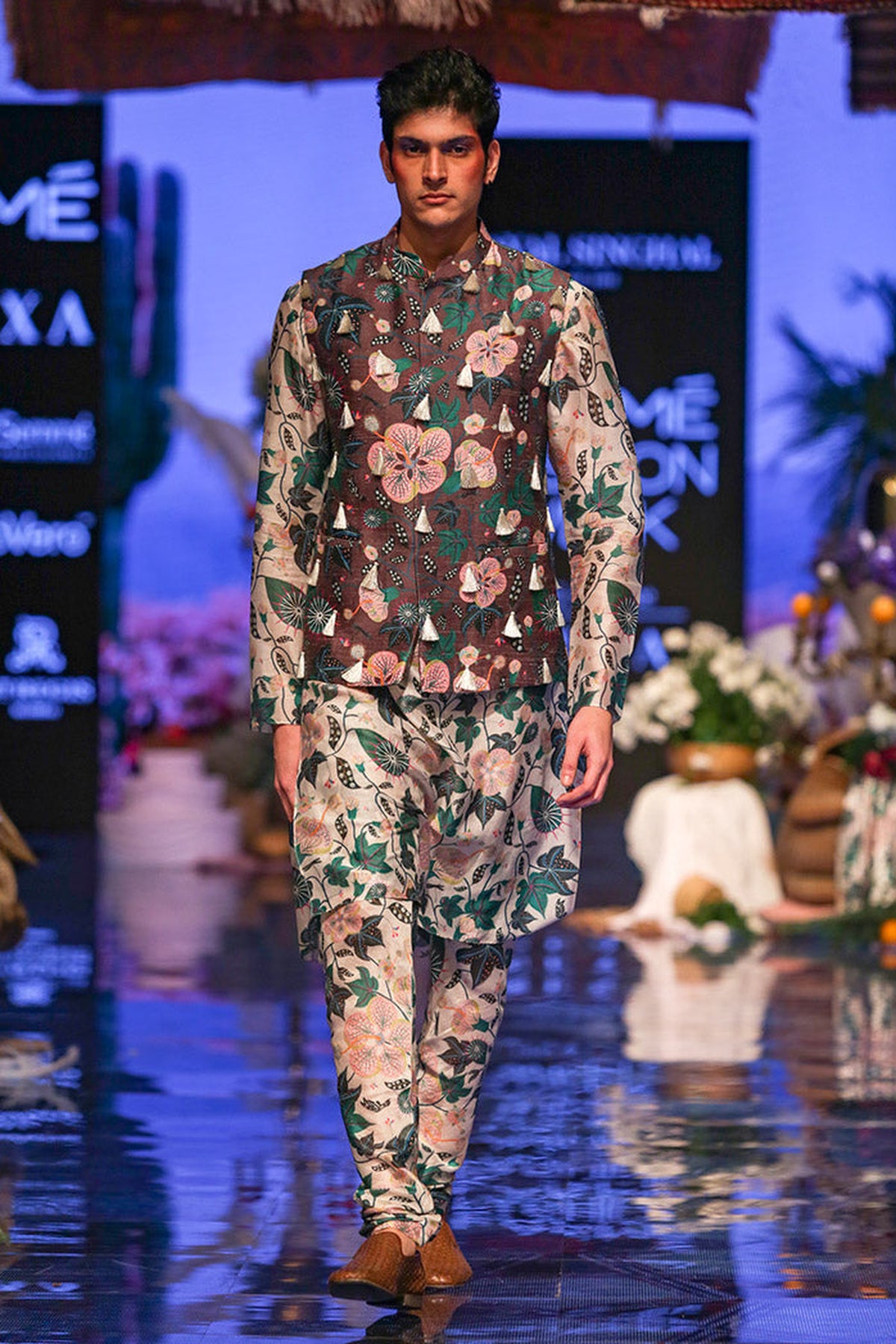 TAMER BROWN PRINTED DUPION SILK BANDI WITH WHITE PRINTED SILKMUL KURTA AND CHURIDAR