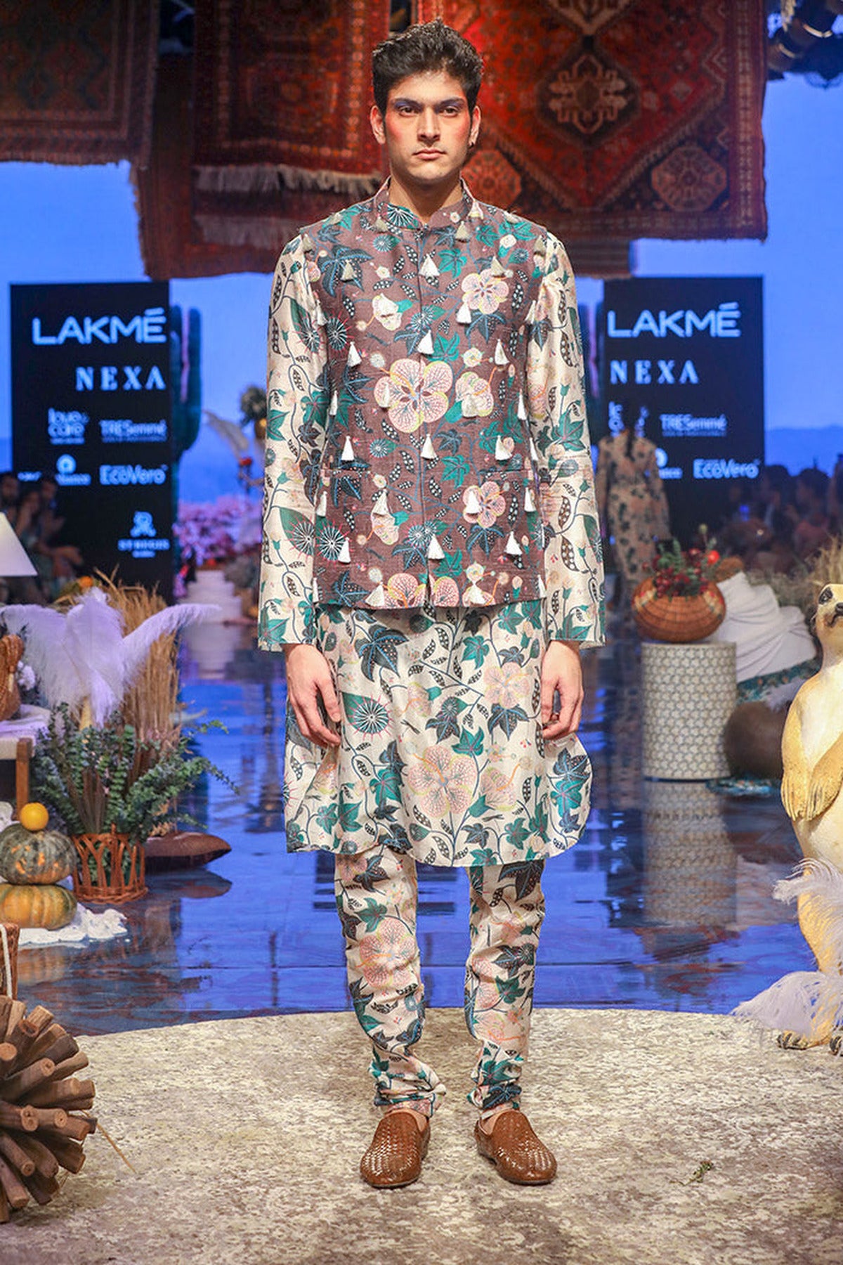 TAMER BROWN PRINTED DUPION SILK BANDI WITH WHITE PRINTED SILKMUL KURTA AND CHURIDAR