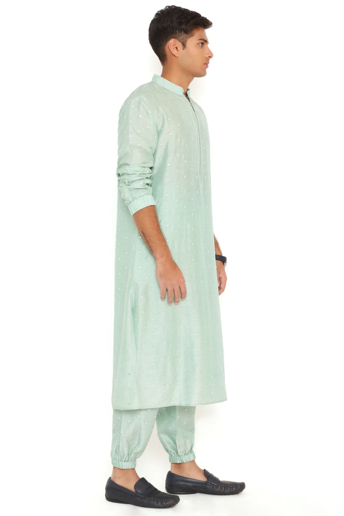 POWDER BLUE ABLA SILK BOMBER KURTA WITH JOGGER PANT