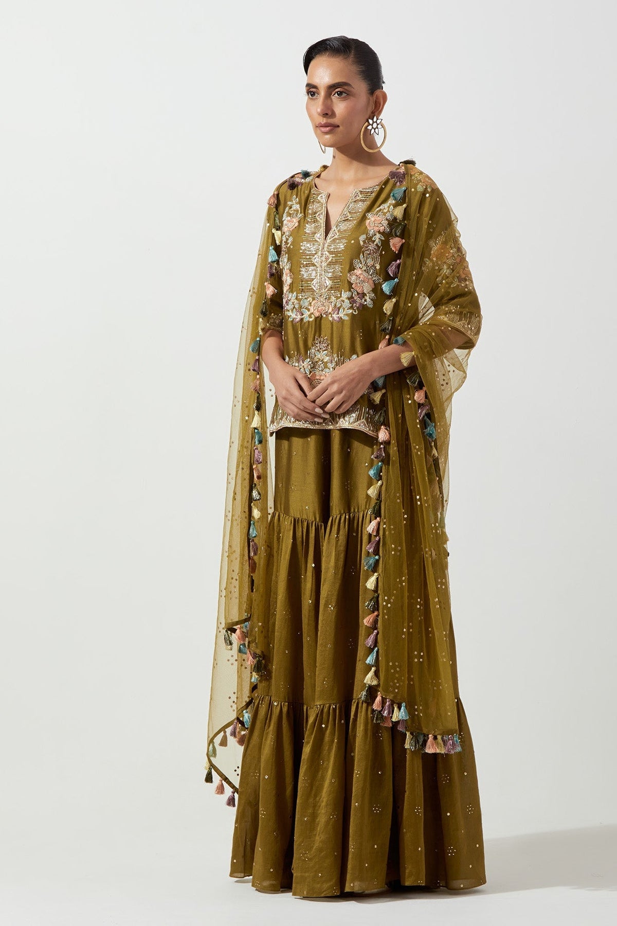 Olive Greenembroidered Short Kurta And Frill Sharara With Mukaish Net Dupatta