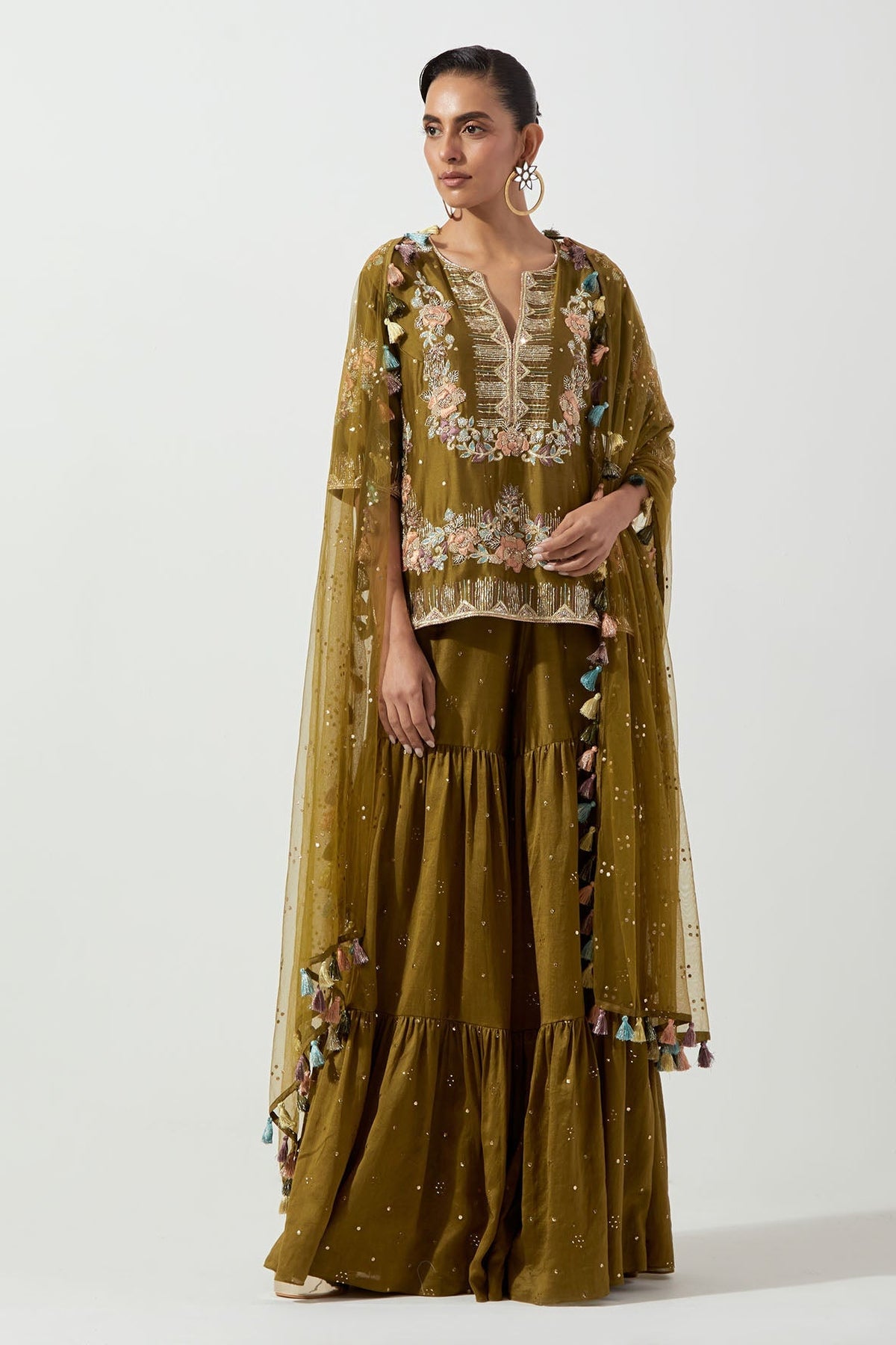 Olive Greenembroidered Short Kurta And Frill Sharara With Mukaish Net Dupatta