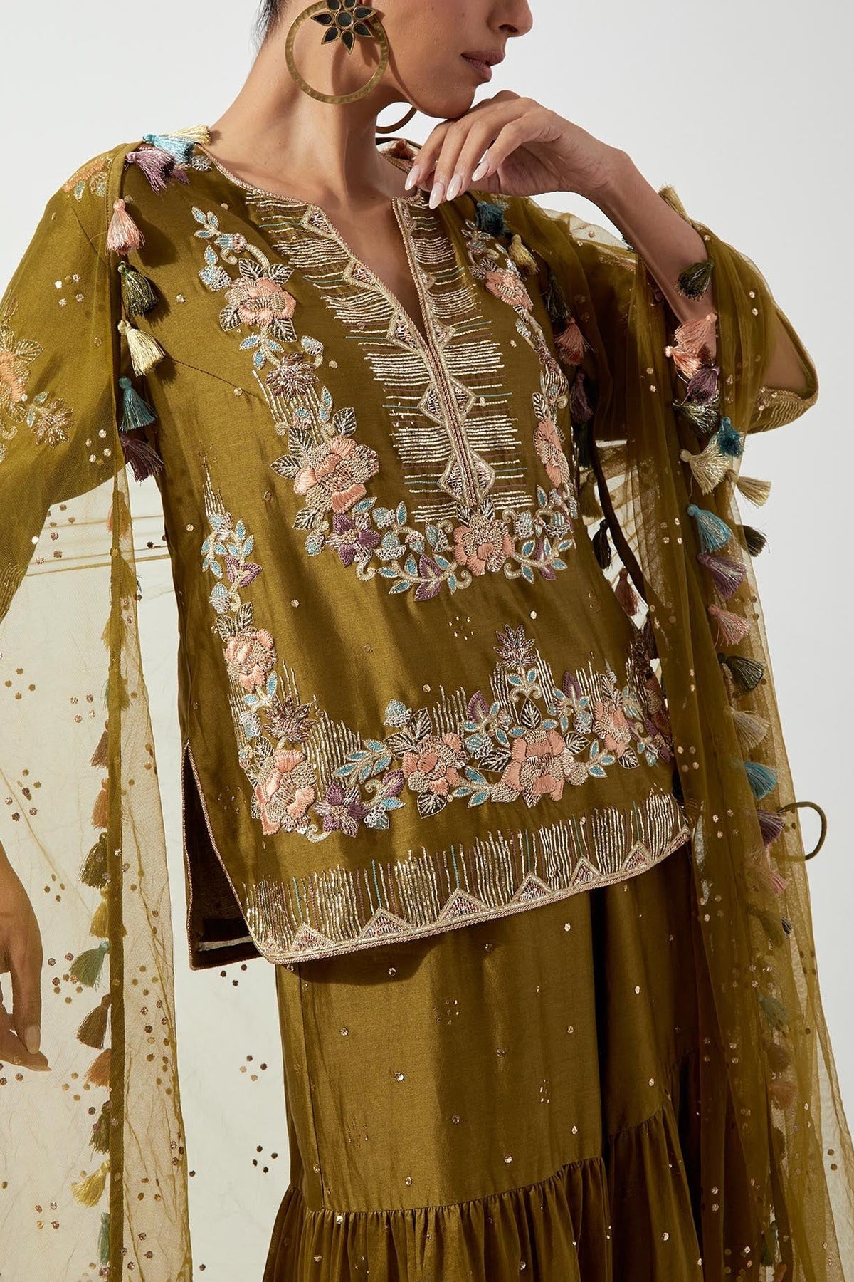 Olive Greenembroidered Short Kurta And Frill Sharara With Mukaish Net Dupatta