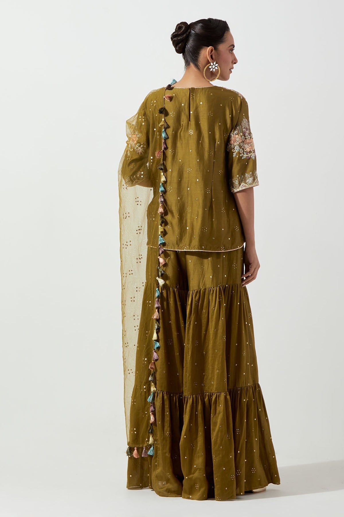 Olive Greenembroidered Short Kurta And Frill Sharara With Mukaish Net Dupatta