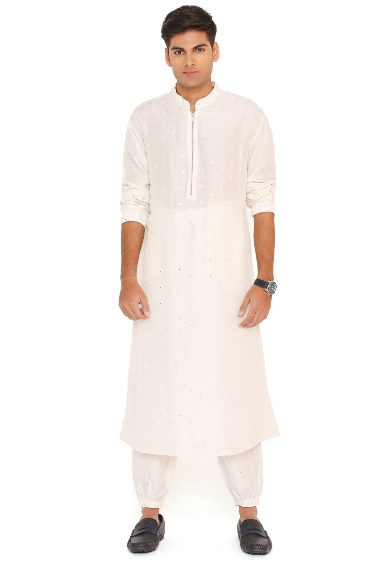 CHALK WHITE ABLA SILK BOMBER KURTA WITH JOGGER PANT