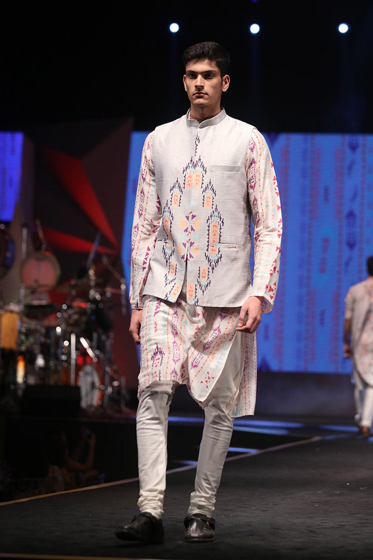 ZAHEER CREAM PRINTED SILKMUL KURTA WITH GREY PRINTED DUPION SILK BANDI AND OFF-WHITE COTTON SILK CHURIDAR
