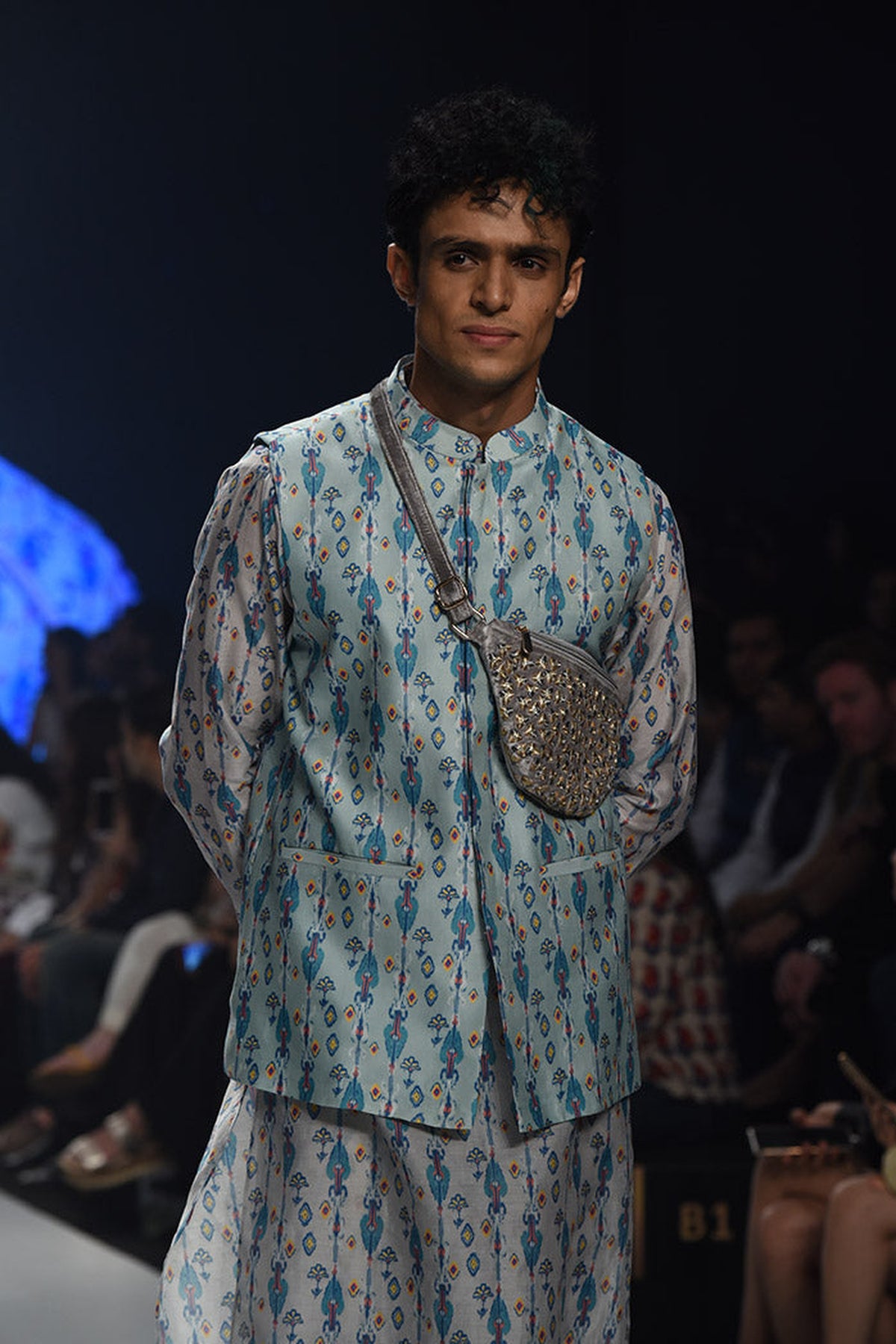 ZAFFAR BLUE PRINTED SILKMUL BANDI WITH WHITE PRINTED SILKMUL KURTA AND CHURIDAR