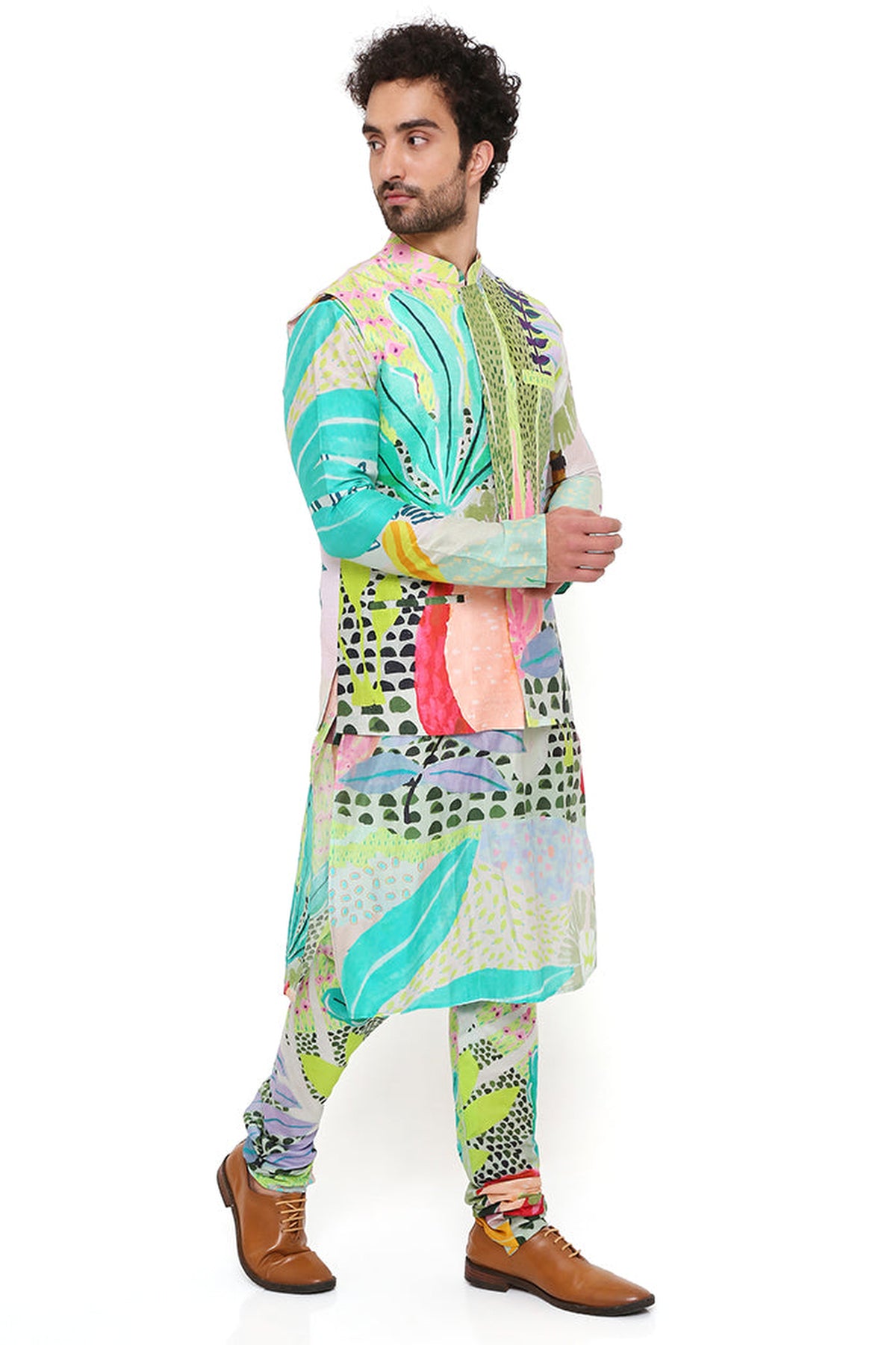 MONET TROPICAL PRINT DUPION SILK BANDI WITH SILKMUL KURTA AND CHURIDAR