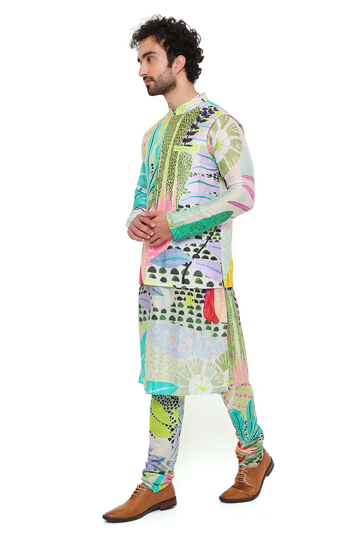 MONET TROPICAL PRINT DUPION SILK BANDI WITH SILKMUL KURTA AND CHURIDAR