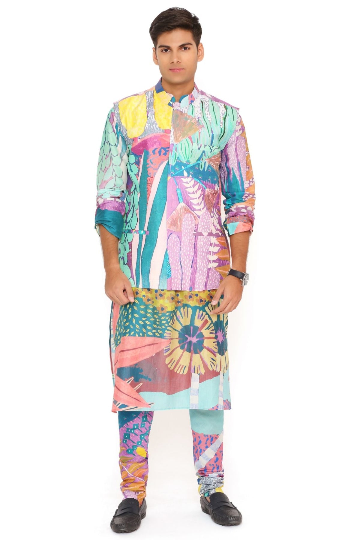 PURPLE TROPICAL PRINT DUPION SILK BANDI WITH SILKMUL KURTA AND CHURIDAR