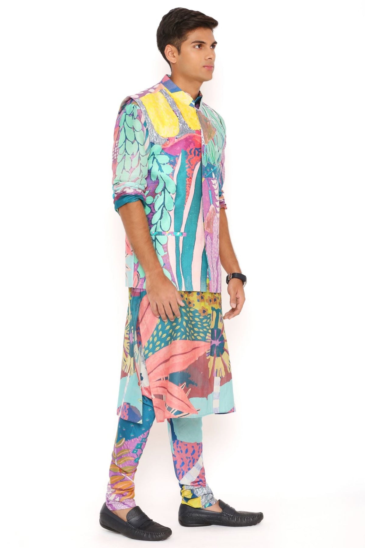 PURPLE TROPICAL PRINT DUPION SILK BANDI WITH SILKMUL KURTA AND CHURIDAR