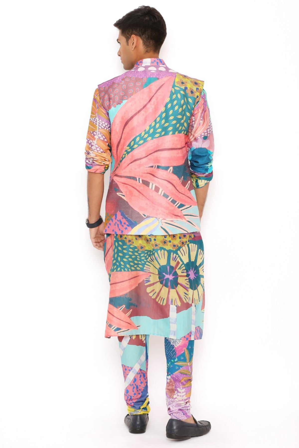 PURPLE TROPICAL PRINT DUPION SILK BANDI WITH SILKMUL KURTA AND CHURIDAR