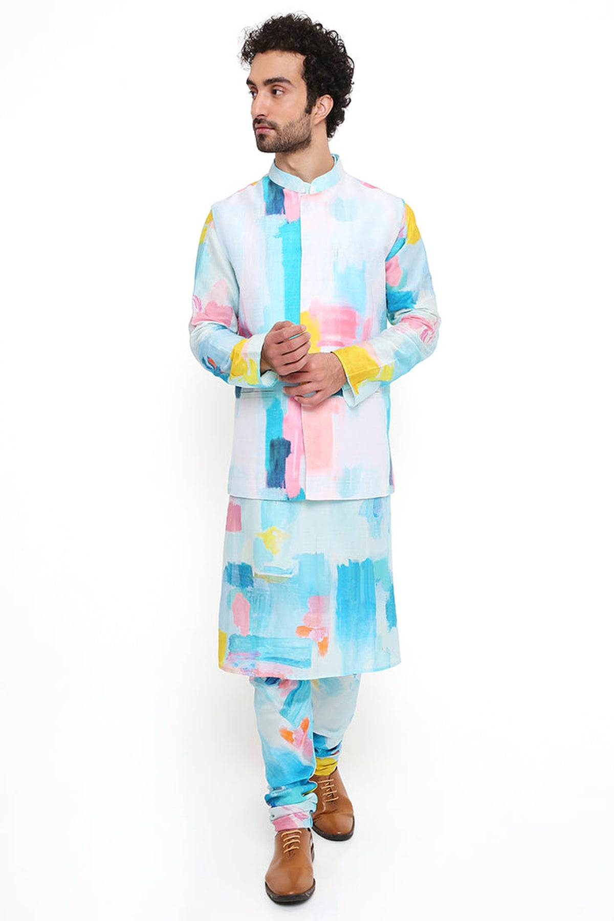 PAINTERLY PRINT DUPION SILK BANDI WITH SILKMUL KURTA AND CHURIDAR