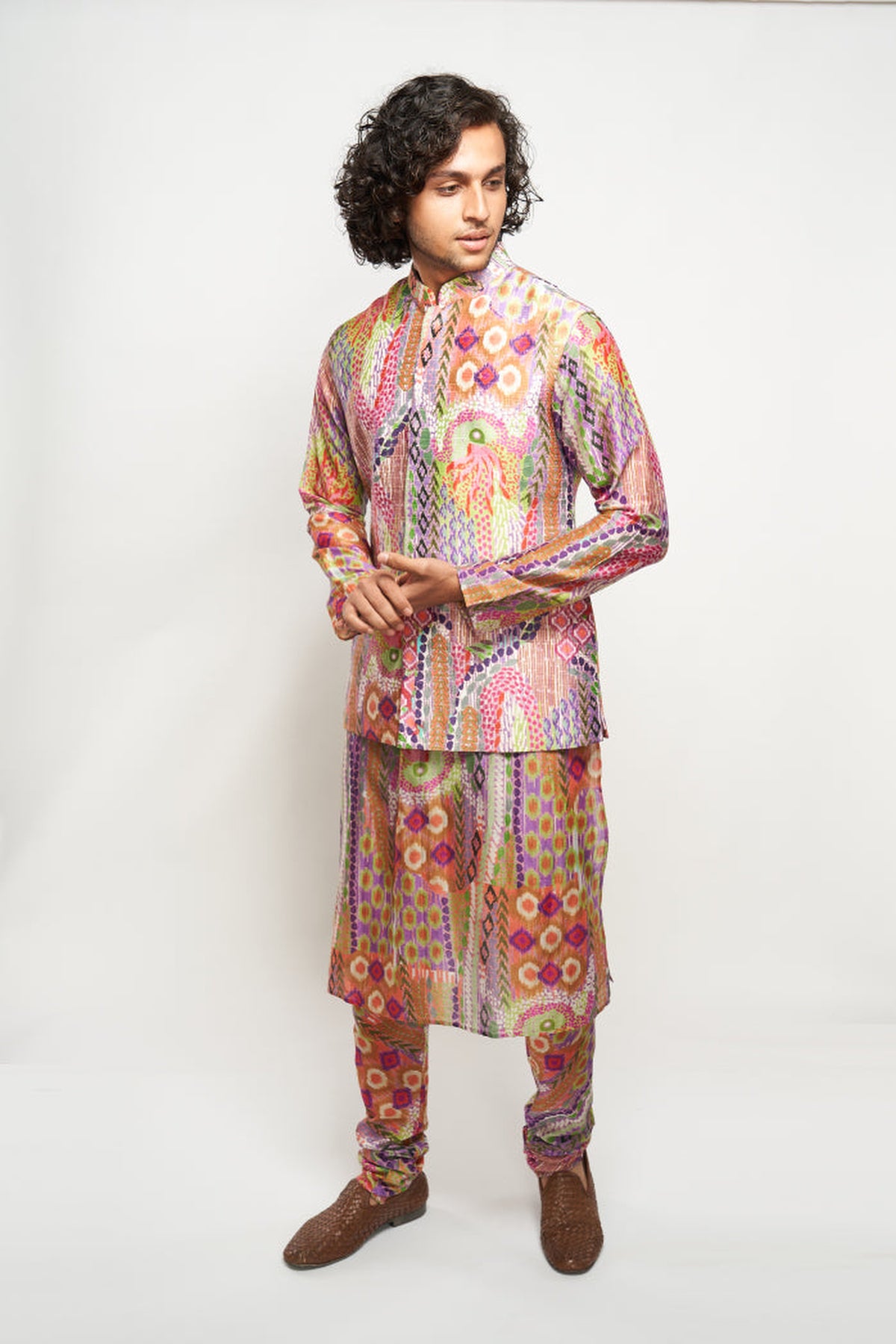 FAIZ AFRICAN MULTI COLOUR PRINT DUPION SILK BANDI WITH PRINTED SILKMUL KURTA AND CHURIDAR