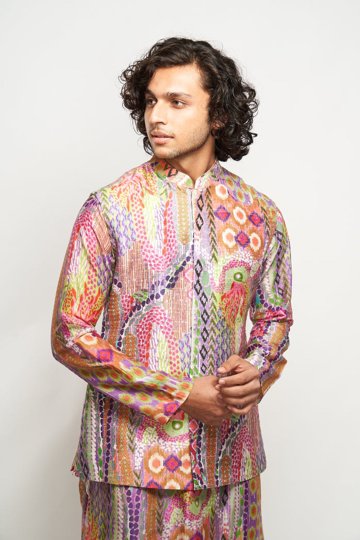 FAIZ AFRICAN MULTI COLOUR PRINT DUPION SILK BANDI WITH PRINTED SILKMUL KURTA AND CHURIDAR