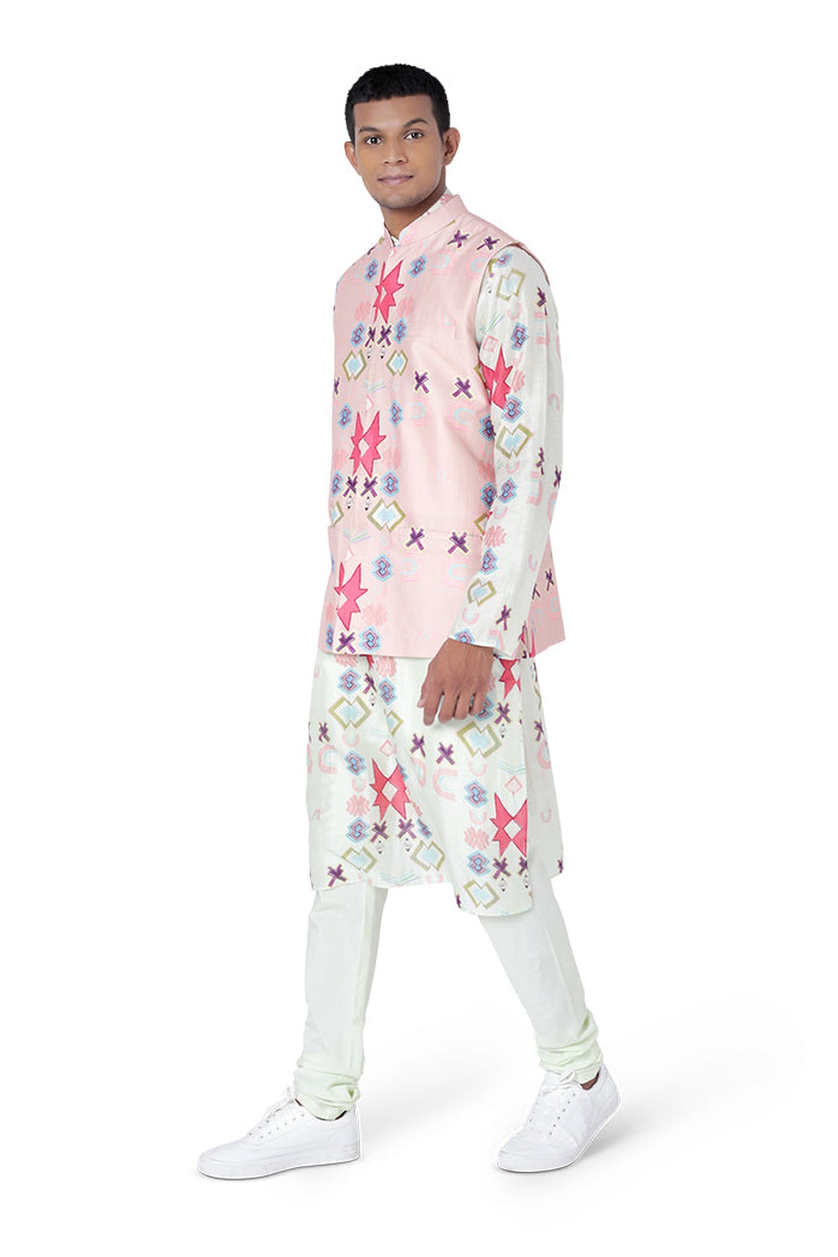 PINK COLOUR PRINTED DUPION SILK BANDI WITH WHITE COLOUR PRINTED SILKMUL KURTA AND OFF WHITE COLOUR COTTON SILK CHURIDAR