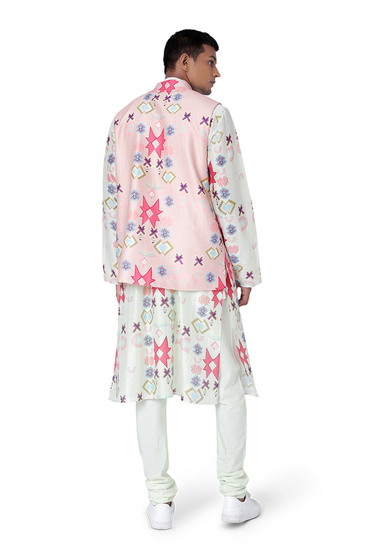 PINK COLOUR PRINTED DUPION SILK BANDI WITH WHITE COLOUR PRINTED SILKMUL KURTA AND OFF WHITE COLOUR COTTON SILK CHURIDAR