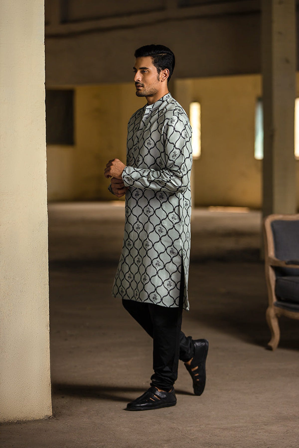 POWDER BLUE PRINTED SILK KURTA WITH BLACK COTTON SILK CHURIDAR