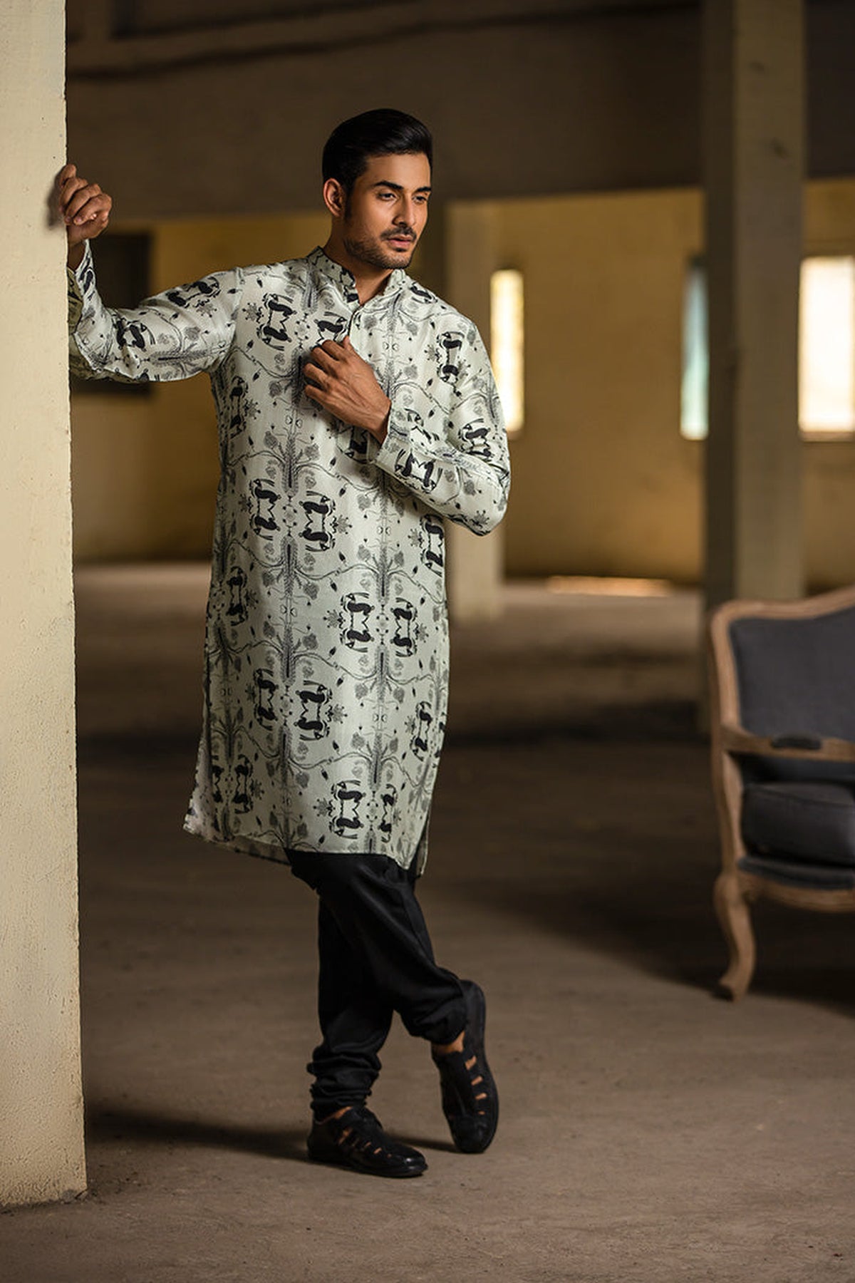 STONE PRINTED SILK KURTA WITH BLACK COTTON SILK CHURIDAR