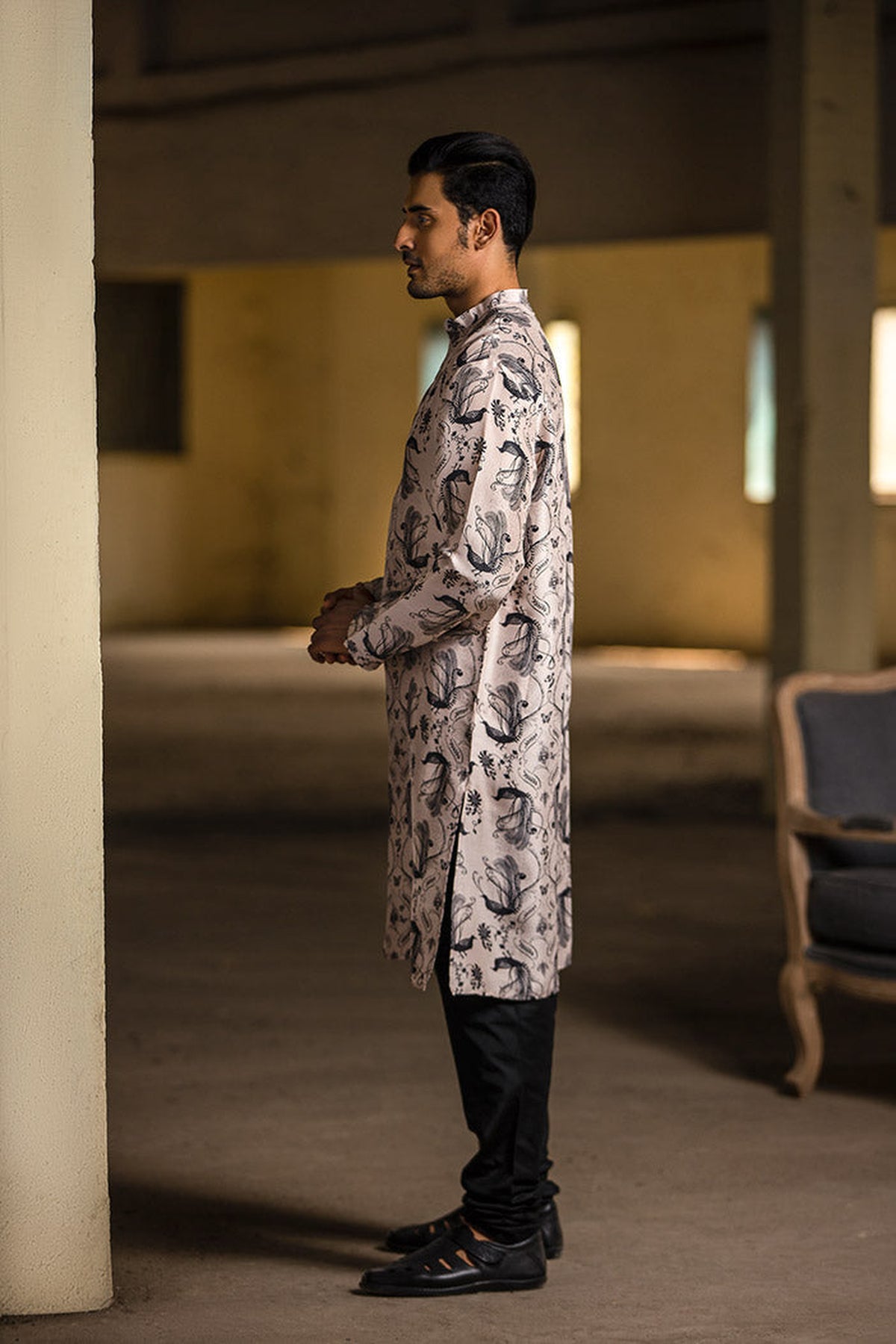 BLUSH PRINTED SILK KURTA WITH BLACK COTTON SILK CHURIDAR