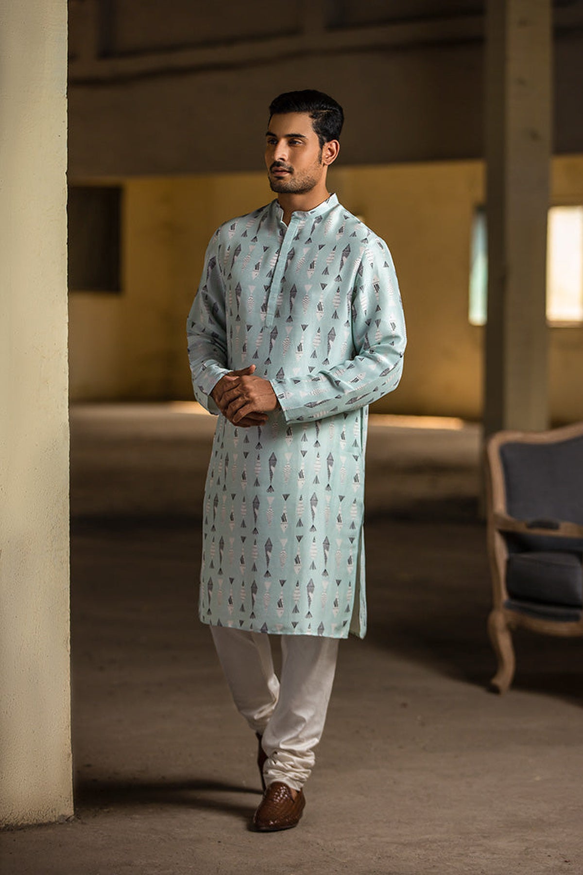ICE BLUE PRINTED SILK KURTA WITH OFF WHITE COTTON SILK CHURIDAR