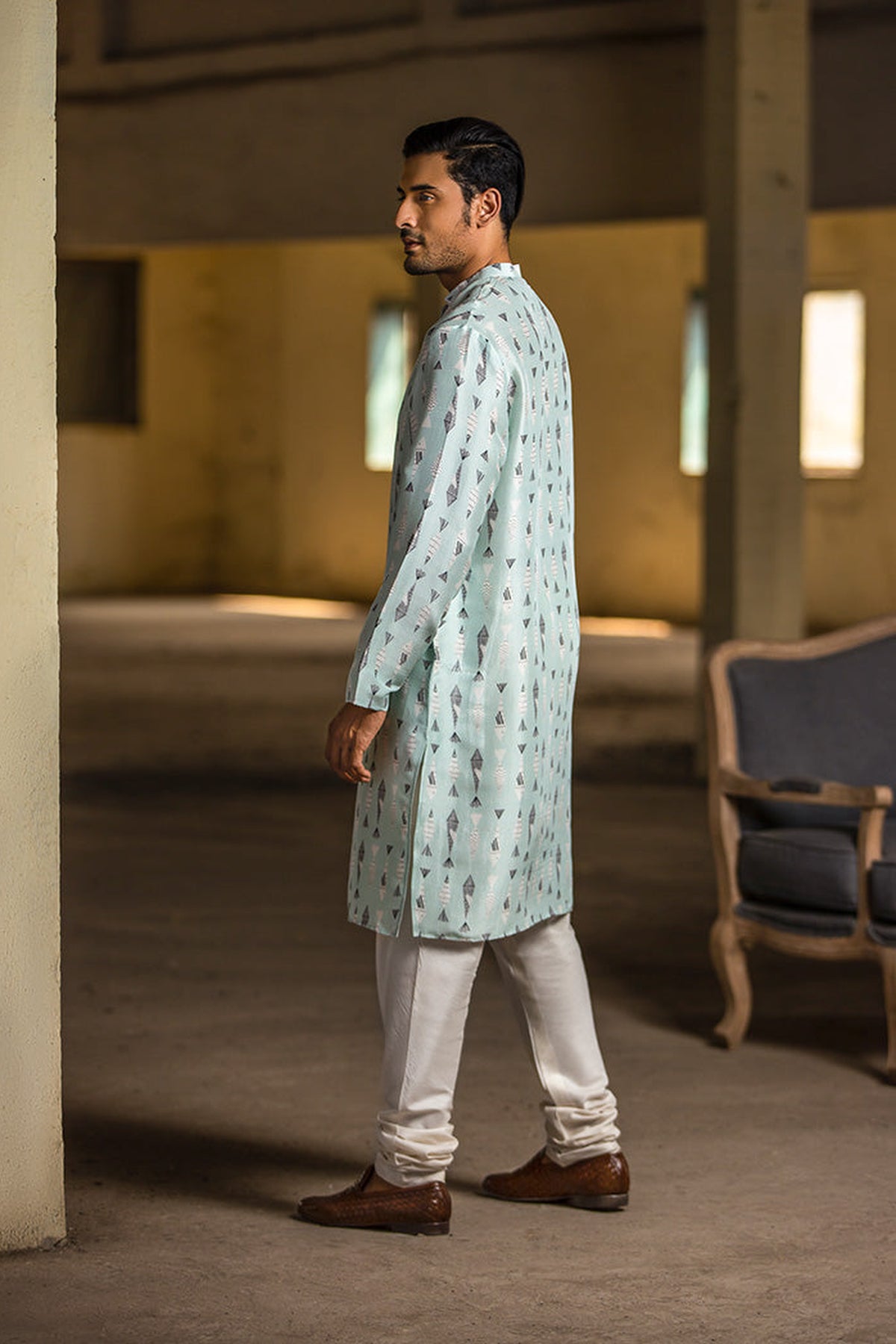 ICE BLUE PRINTED SILK KURTA WITH OFF WHITE COTTON SILK CHURIDAR