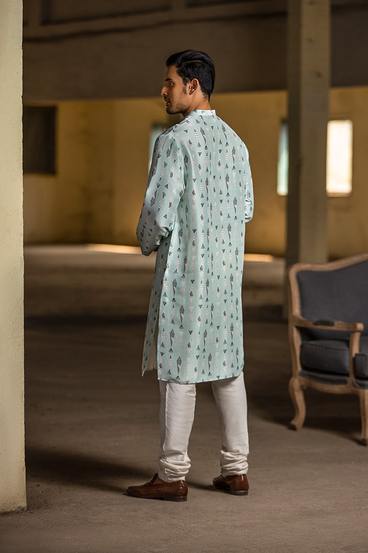 ICE BLUE PRINTED SILK KURTA WITH OFF WHITE COTTON SILK CHURIDAR