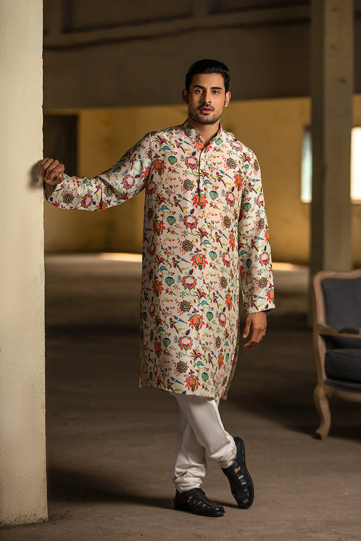 KHAKI PRINTED SILK KURTA WITH OFF WHITE COTTON SILK CHURIDAR