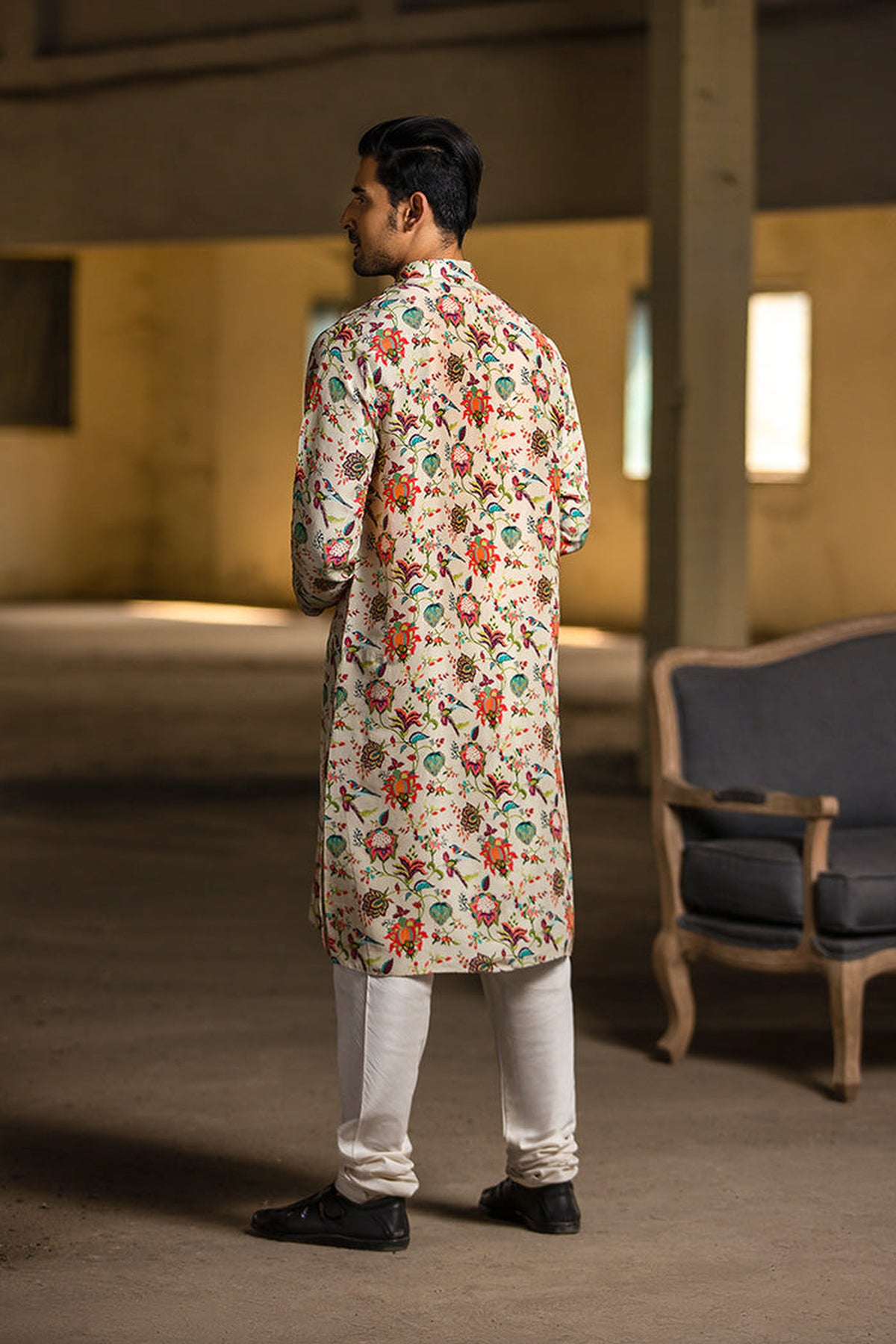 KHAKI PRINTED SILK KURTA WITH OFF WHITE COTTON SILK CHURIDAR