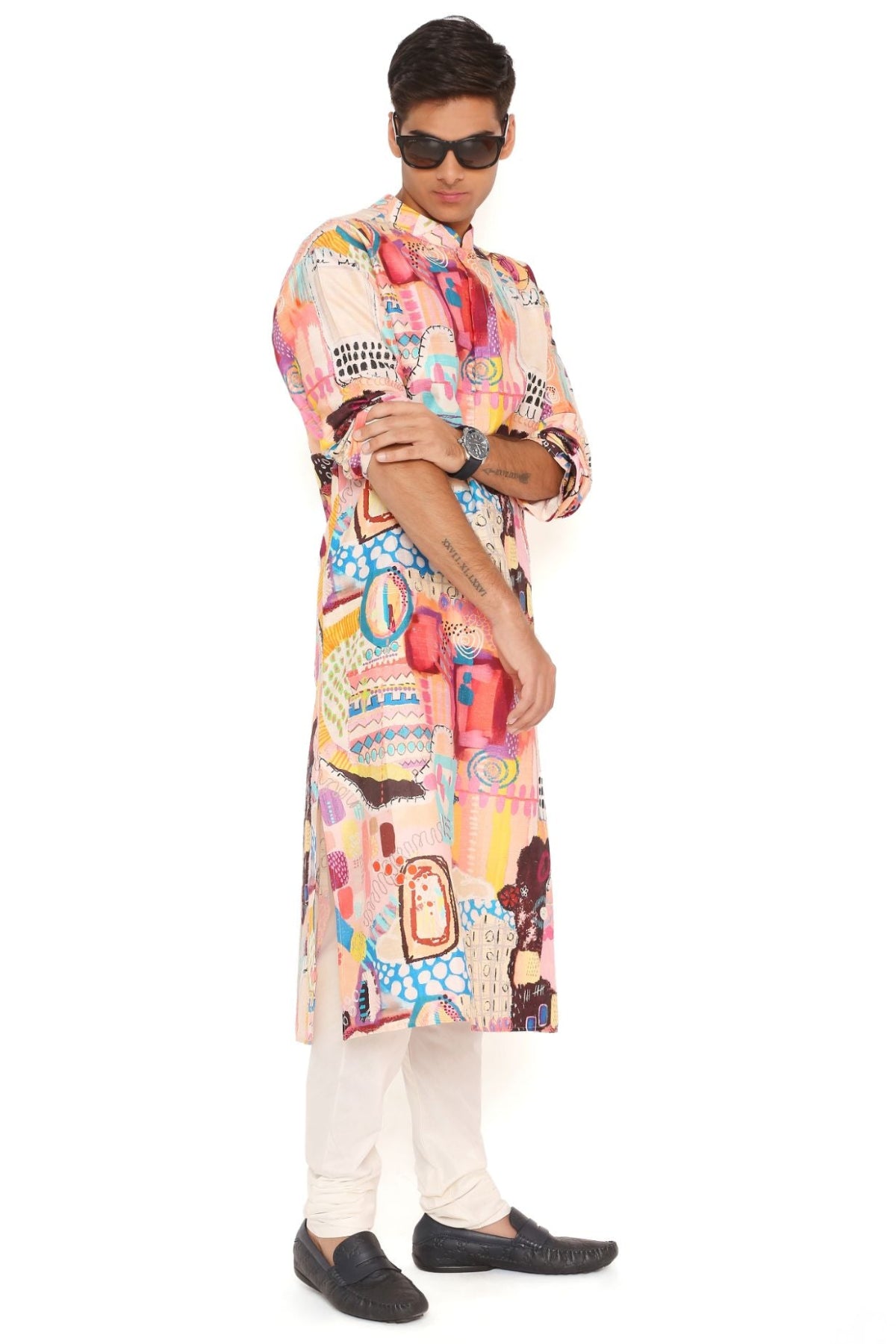 TRANCE PRINT DUPION SILK KURTA WITH OFF WHITE COTTON SILK CHURIDAR