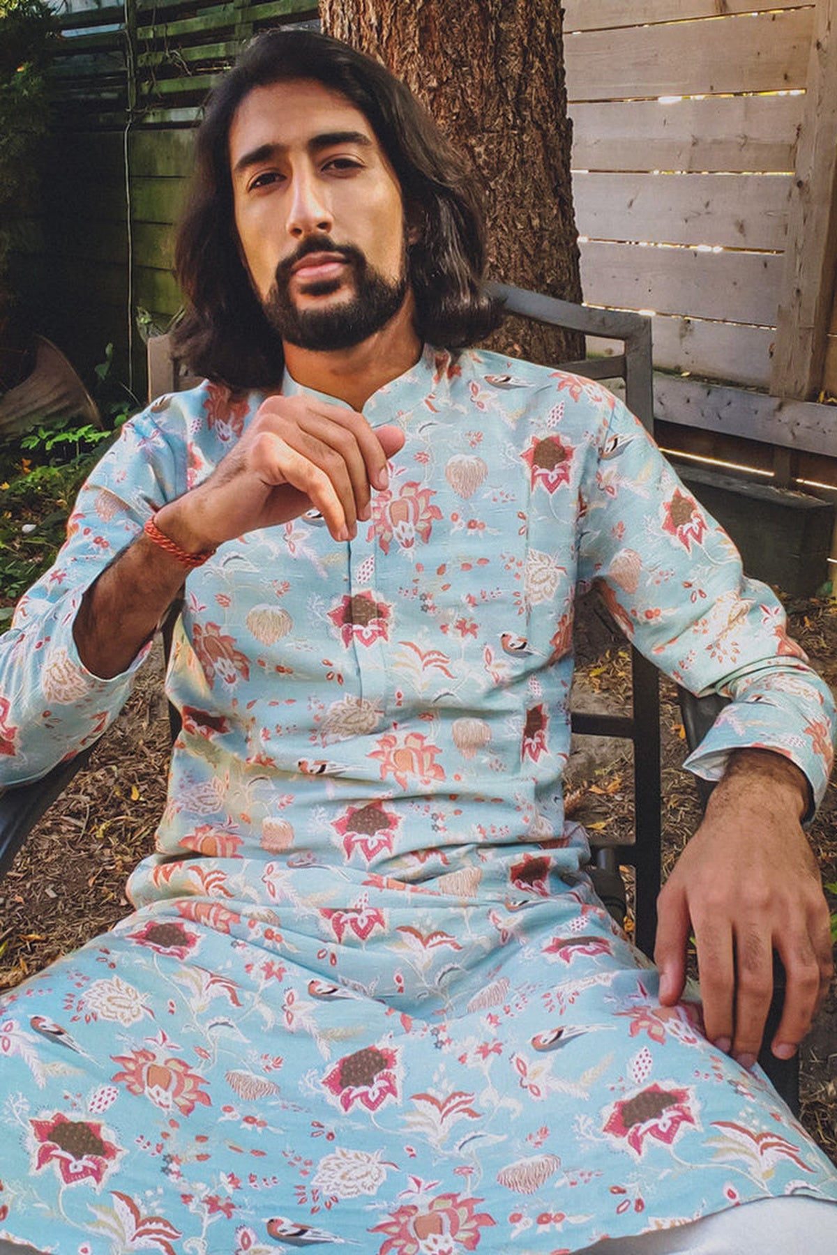 AQUA CHIDIYA PRINT DUPION SILK KURTA WITH OFF WHITE COTTON SILK CHURIDAR