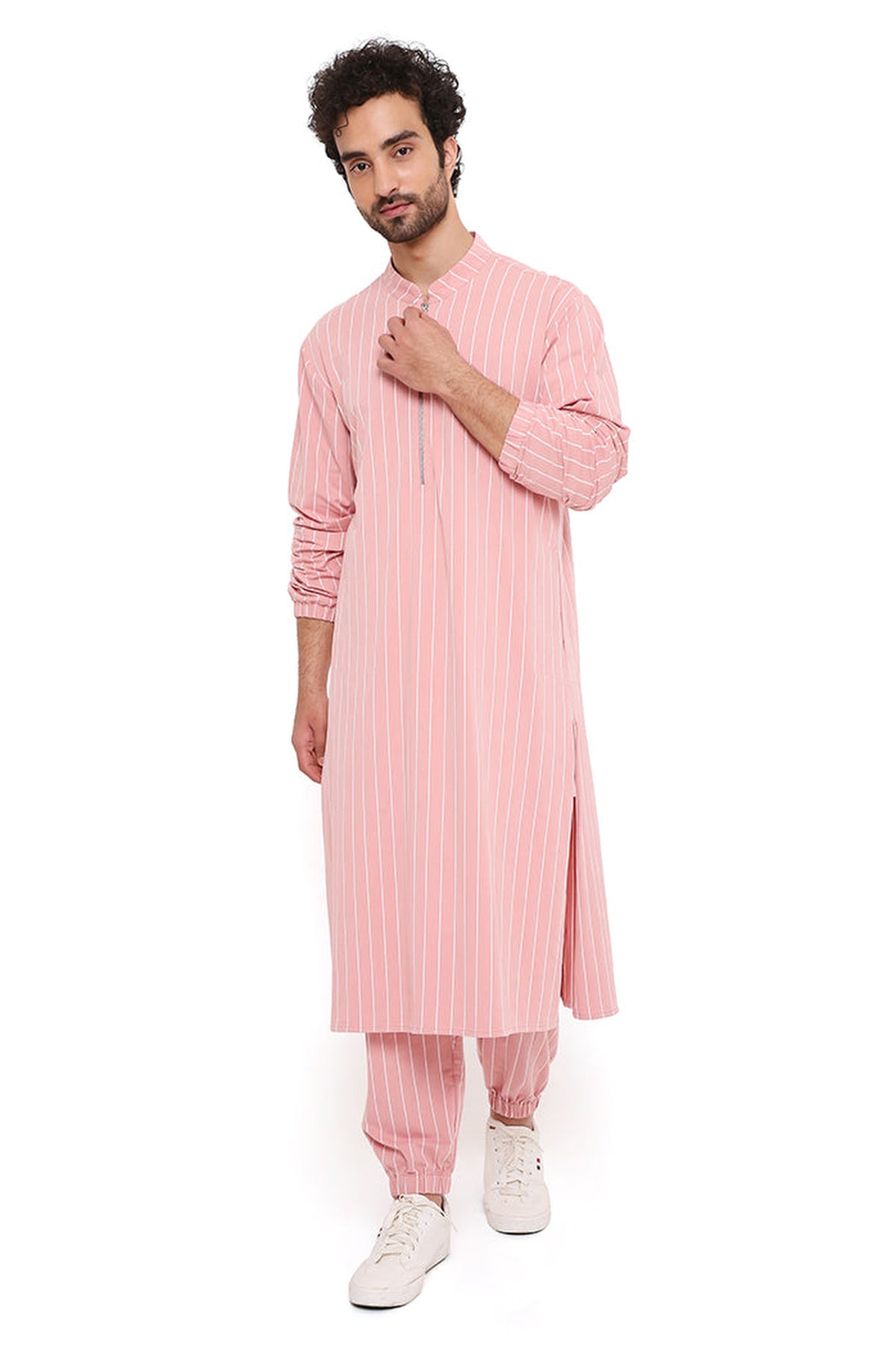 ROSE PINK STRIPE LYCRA BOMBER KURTA WITH JOGGER PANT