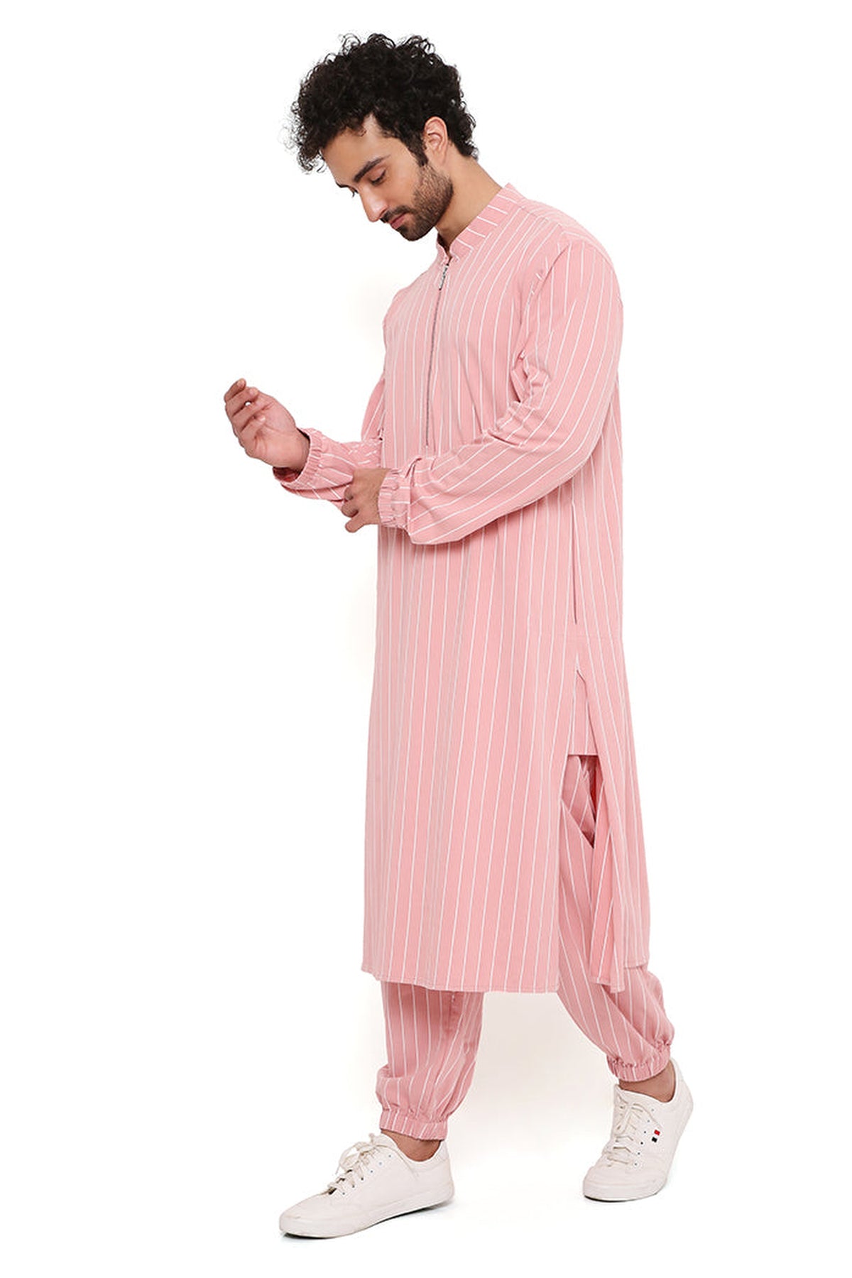 ROSE PINK STRIPE LYCRA BOMBER KURTA WITH JOGGER PANT