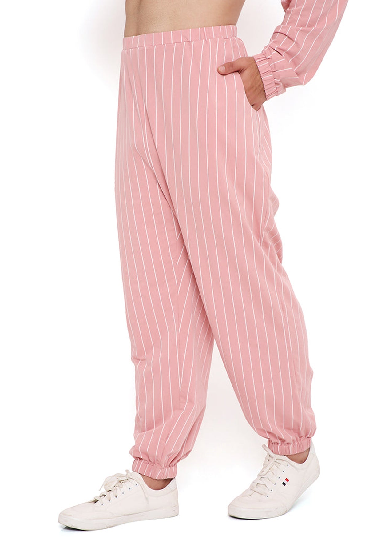 ROSE PINK STRIPE LYCRA BOMBER KURTA WITH JOGGER PANT