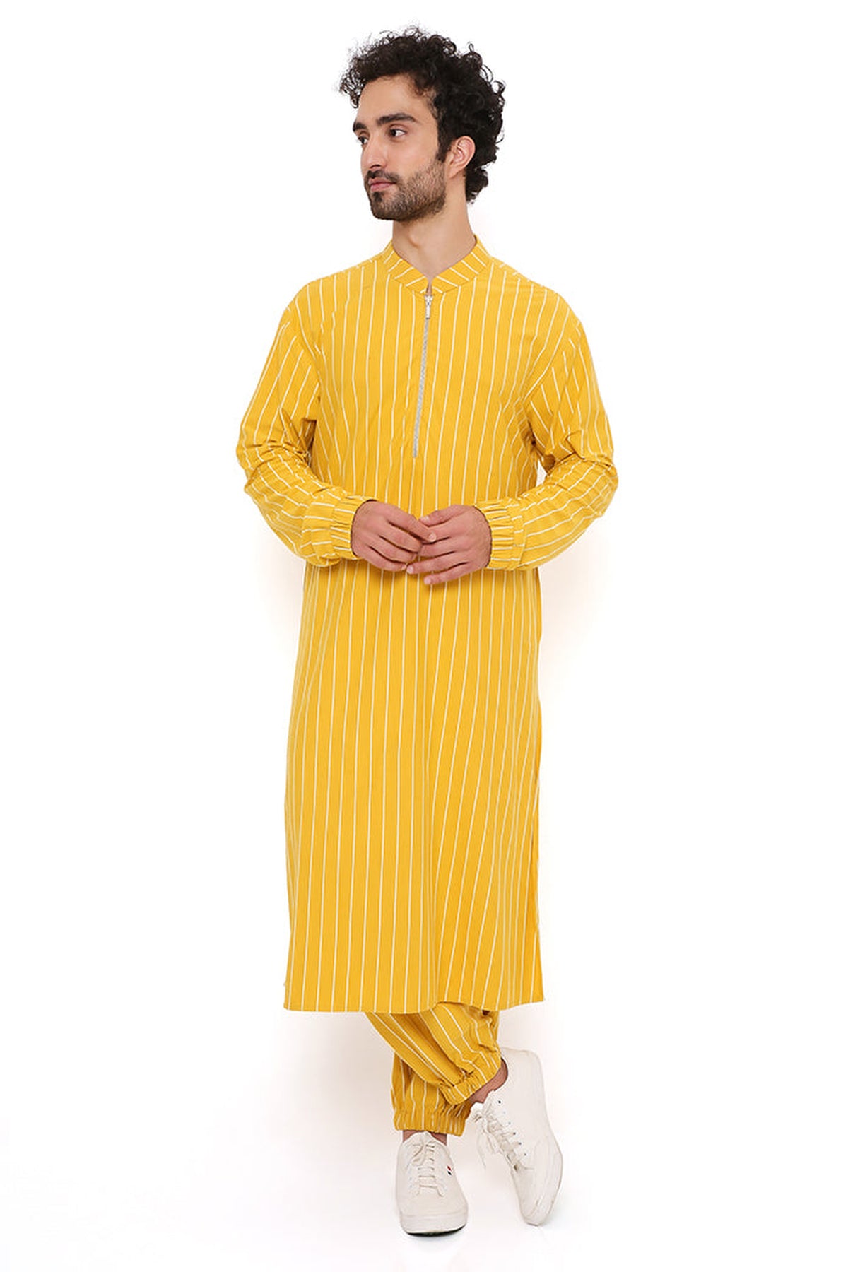 MUSTARD STRIPE LYCRA BOMBER KURTA WITH JOGGER PANT