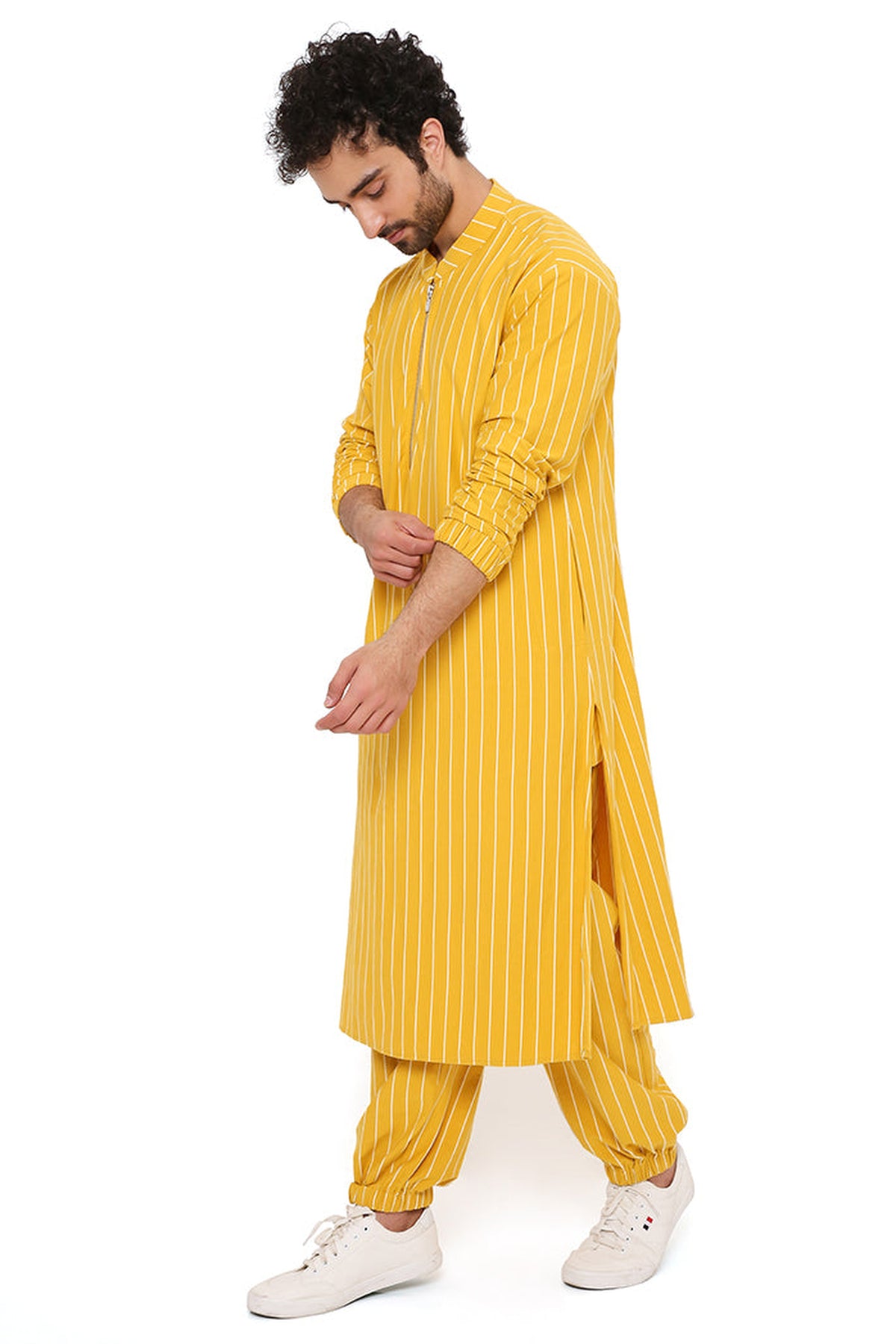 MUSTARD STRIPE LYCRA BOMBER KURTA WITH JOGGER PANT
