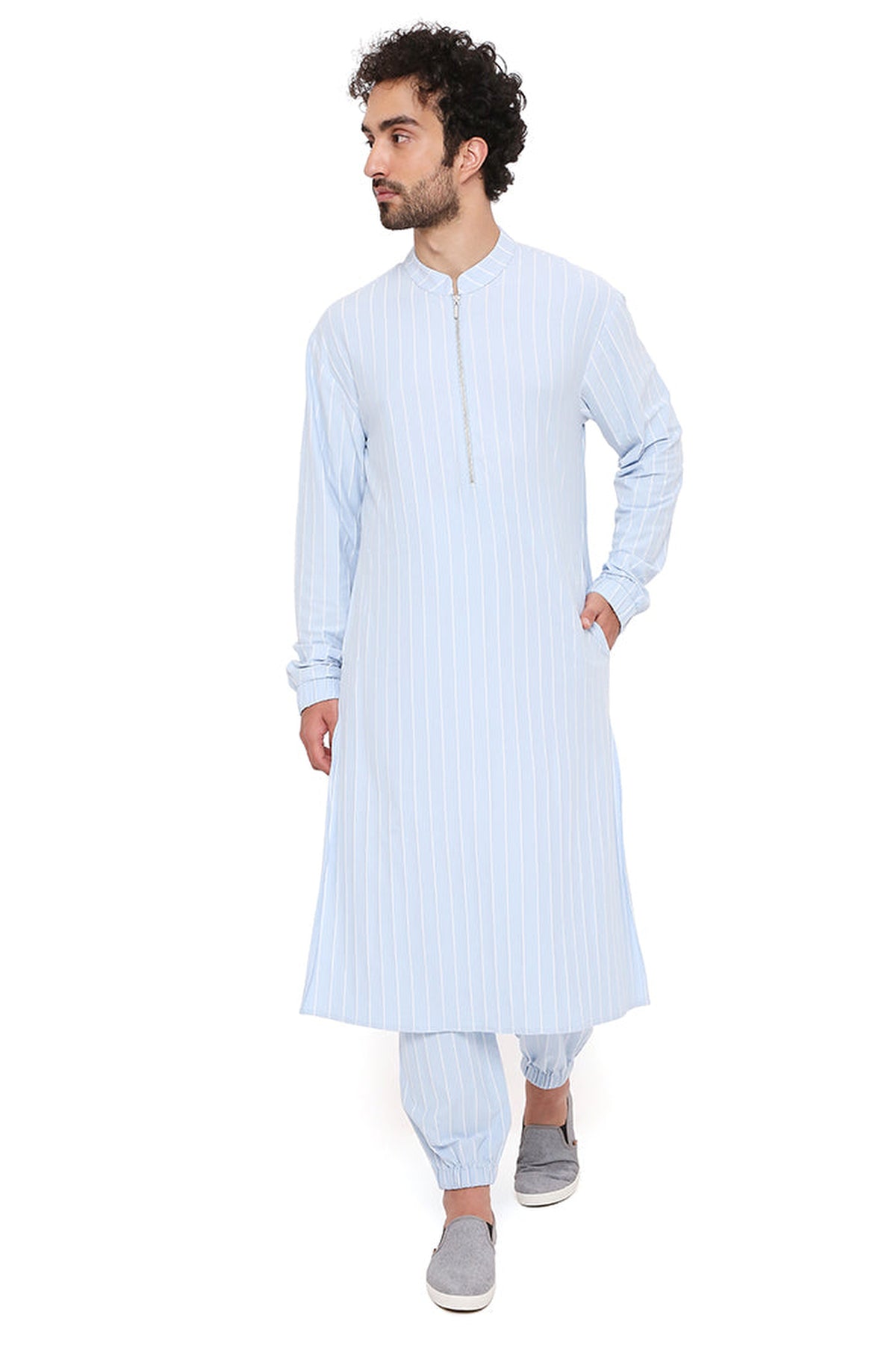 AQUA BLUE STRIPE LYCRA BOMBER KURTA WITH JOGGER PANT