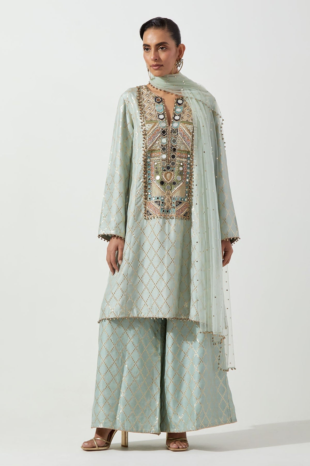 Powder Blue Short Kali Kurta With Palazzo And Mukaish Net Dupatta