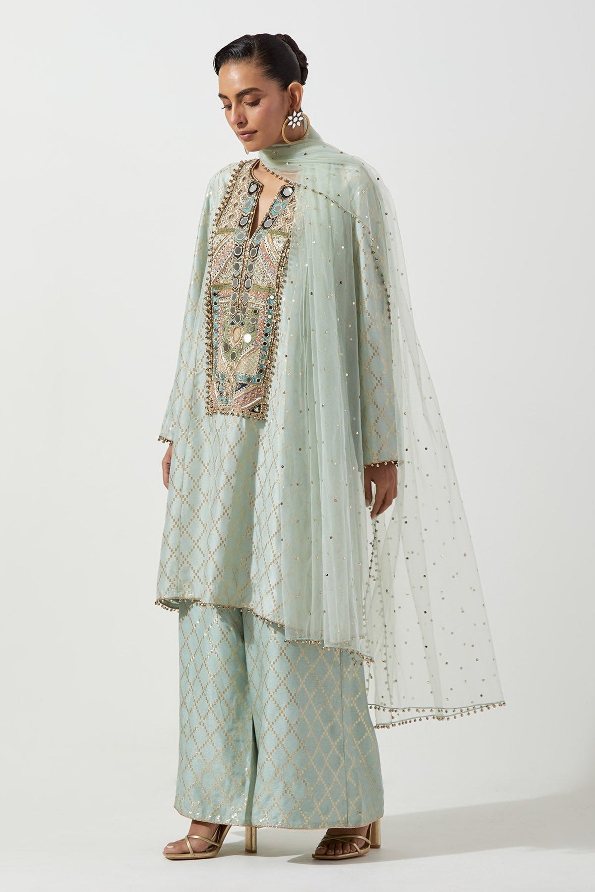 Powder Blue Short Kali Kurta With Palazzo And Mukaish Net Dupatta