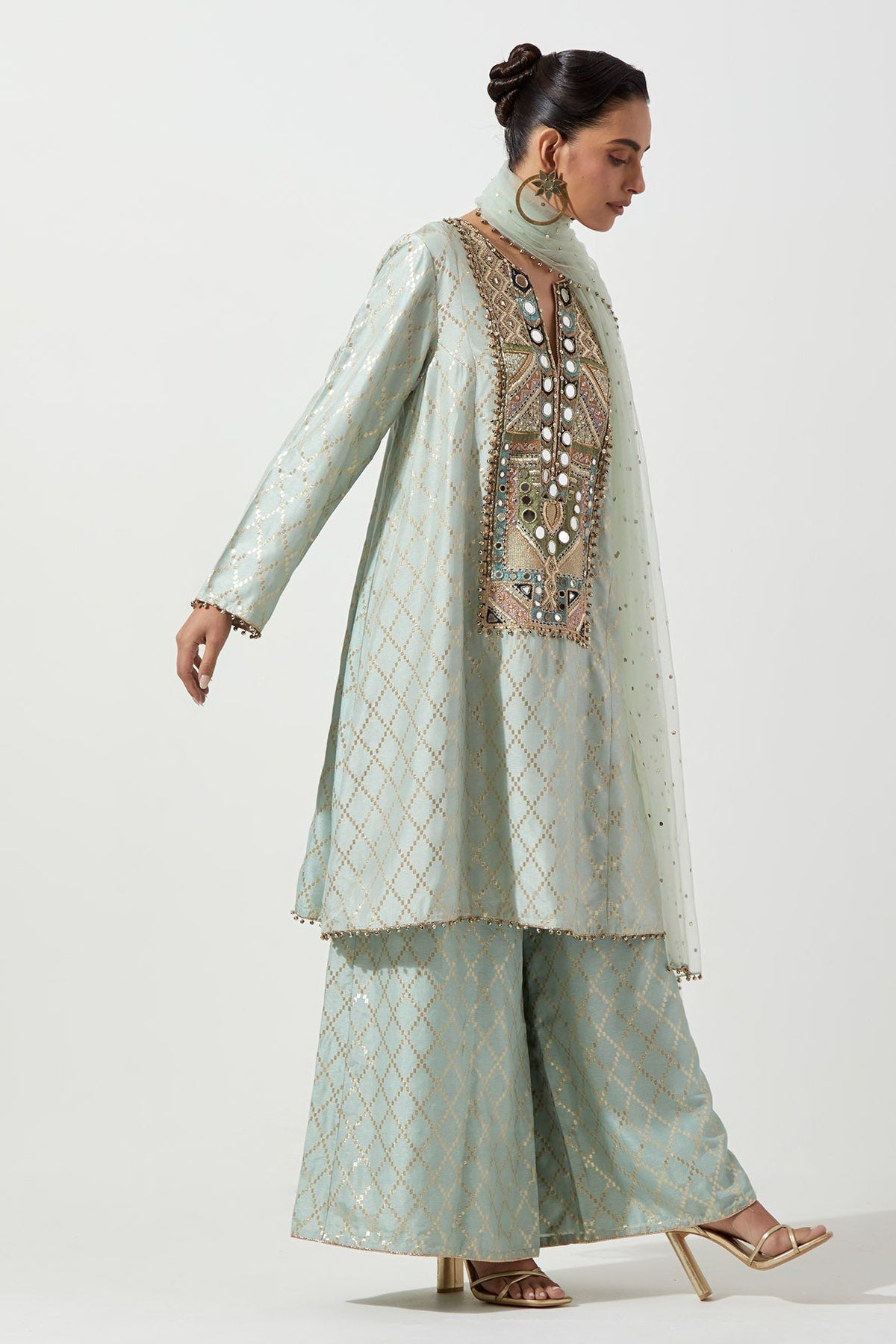 Powder Blue Short Kali Kurta With Palazzo And Mukaish Net Dupatta