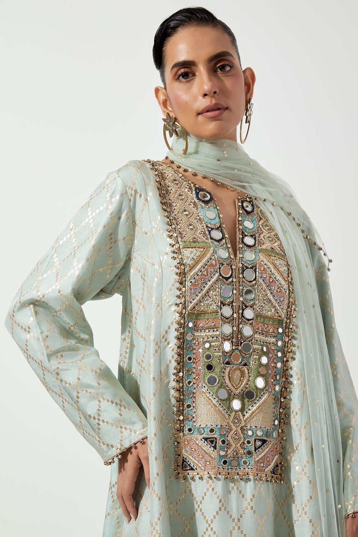 Powder Blue Short Kali Kurta With Palazzo And Mukaish Net Dupatta